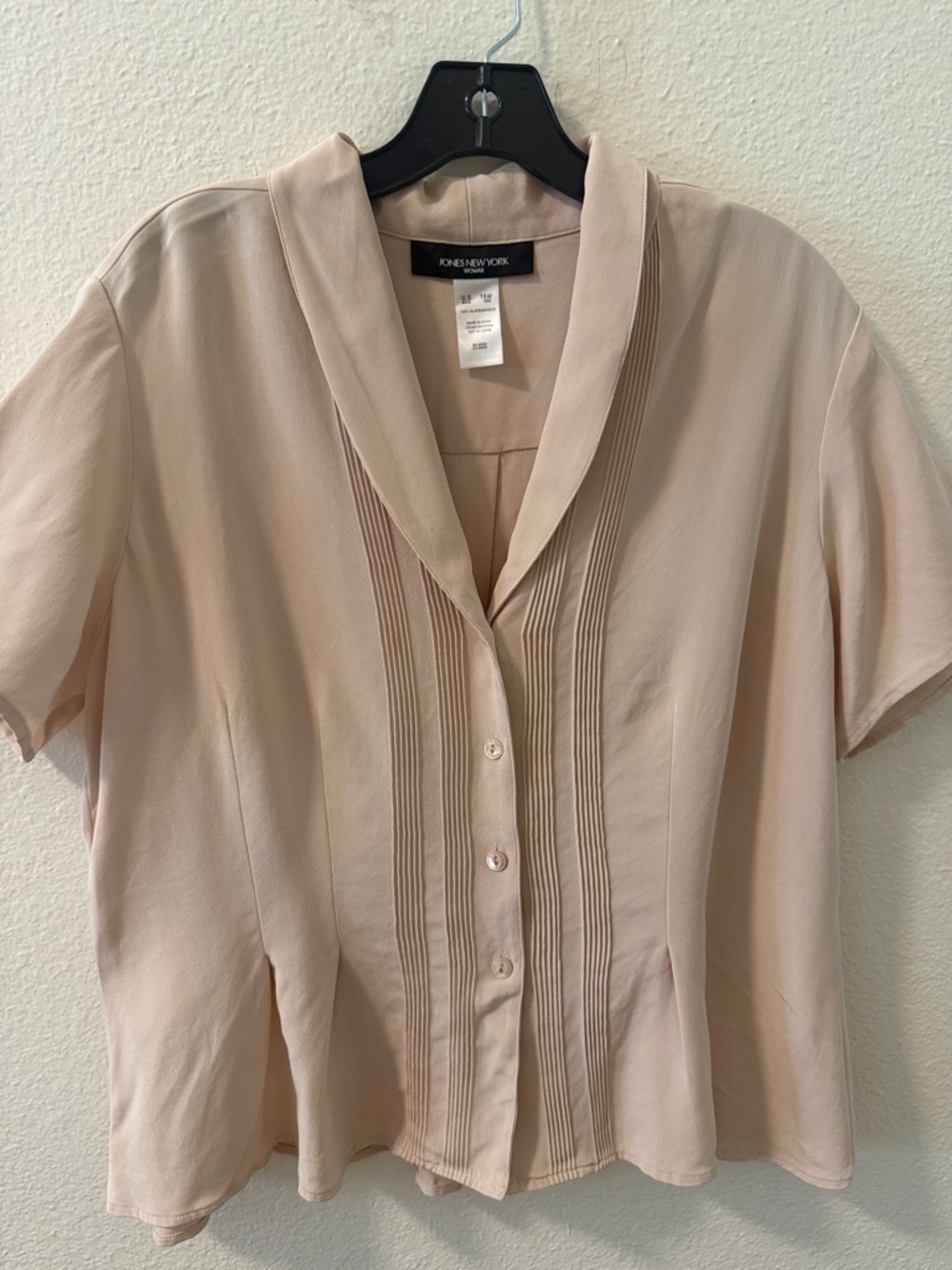 Jones New York Soft Blush Short Sleeve Button Front Blouse 100 silk 16W Size